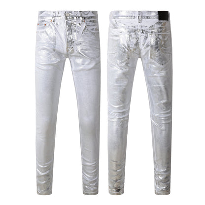 Men Streetwear Jeans Metallic Silver Coated Finish with Futuristic Shine Skinny Fit Statement 9110