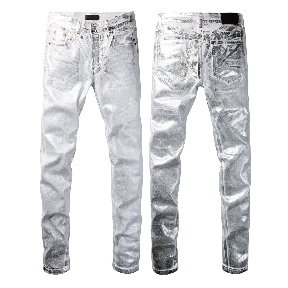Men Streetwear Jeans Metallic Silver Coated Finish with Futuristic Shine Skinny Fit Statement 9110