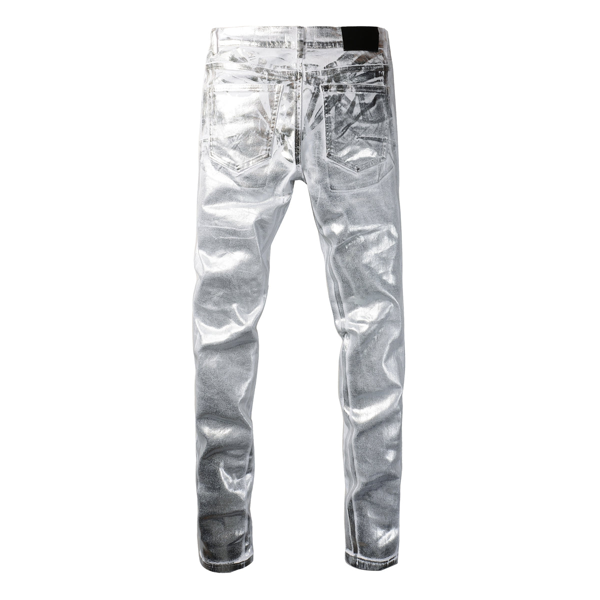 Men Streetwear Jeans Metallic Silver Coated Finish with Futuristic Shine Skinny Fit Statement 9110
