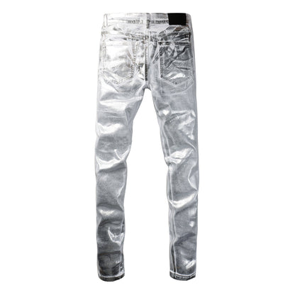 Men Streetwear Jeans Metallic Silver Coated Finish with Futuristic Shine Skinny Fit Statement 9110