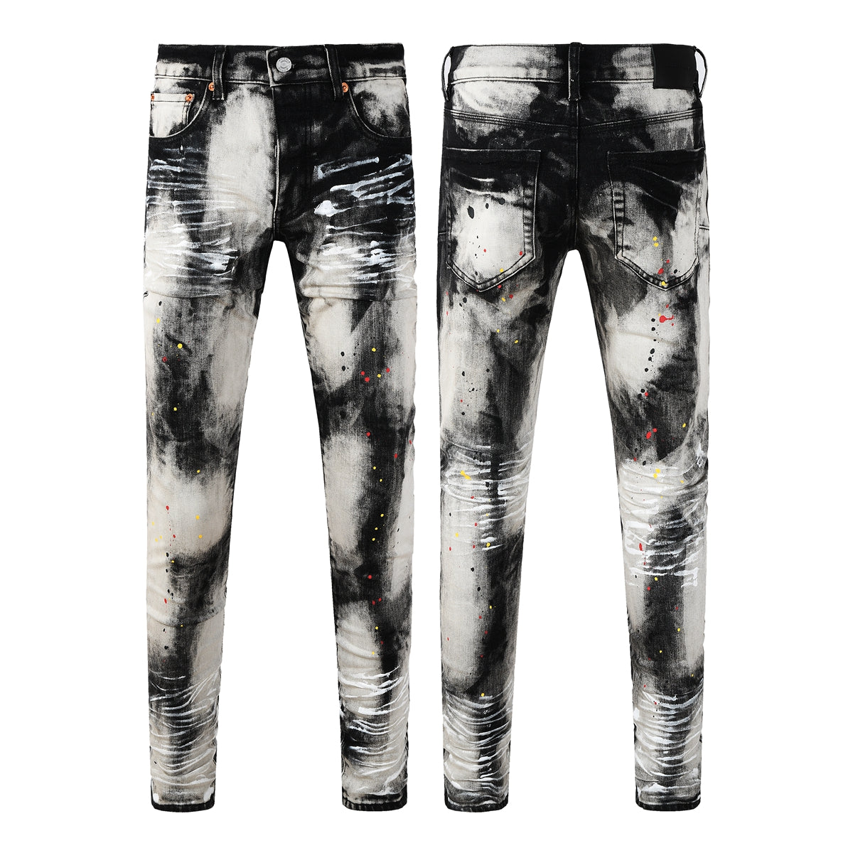 Men Streetwear Skinny Jeans Black and White Graffiti Wash with Multi Color Paint Splash PU9111