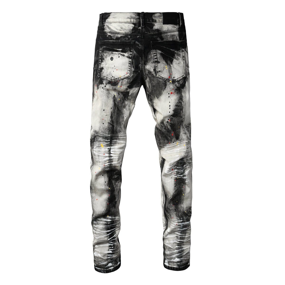Men Streetwear Skinny Jeans Black and White Graffiti Wash with Multi Color Paint Splash PU9111
