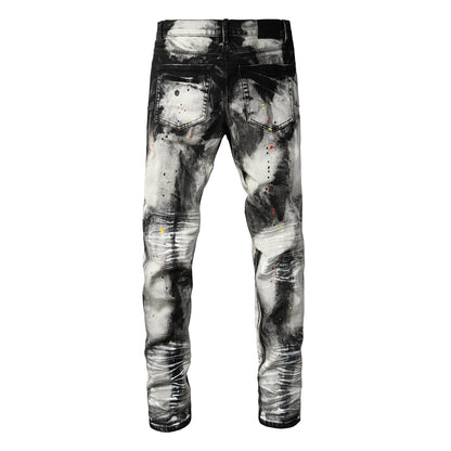Men Streetwear Skinny Jeans Black and White Graffiti Wash with Multi Color Paint Splash PU9111