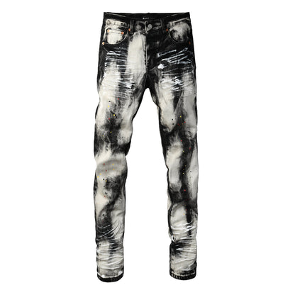 Men Streetwear Skinny Jeans Black and White Graffiti Wash with Multi Color Paint Splash PU9111