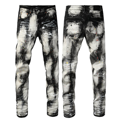 Men Streetwear Skinny Jeans Black and White Graffiti Wash with Multi Color Paint Splash PU9111