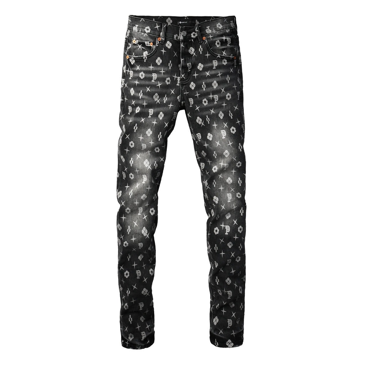 Men Classic Street Skinny Jeans Dark Grey Monogram Print All Over Distressed Style PU9112