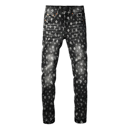 Men Classic Street Skinny Jeans Dark Grey Monogram Print All Over Distressed Style PU9112