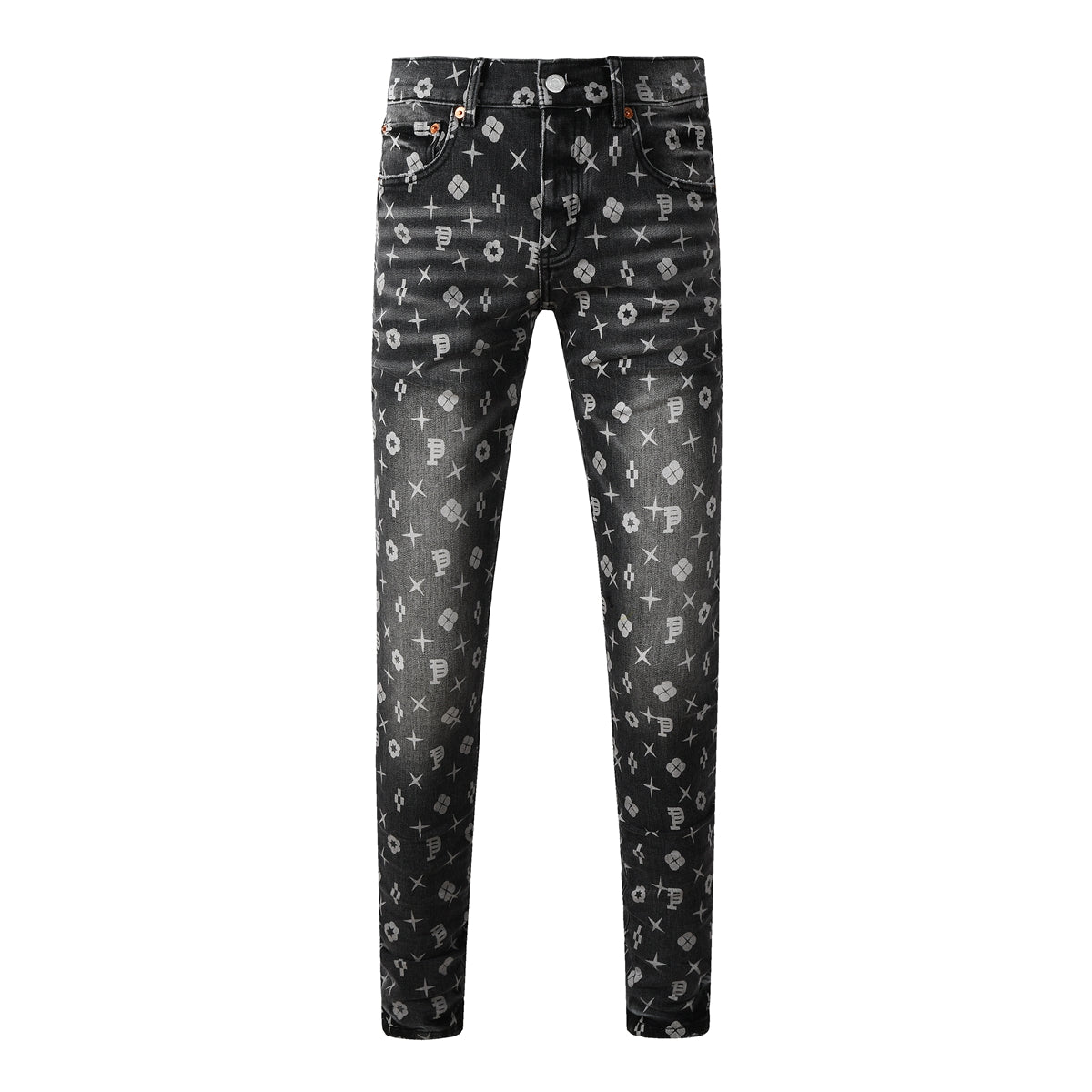 Men Classic Street Skinny Jeans Dark Grey Monogram Print All Over Distressed Style PU9112