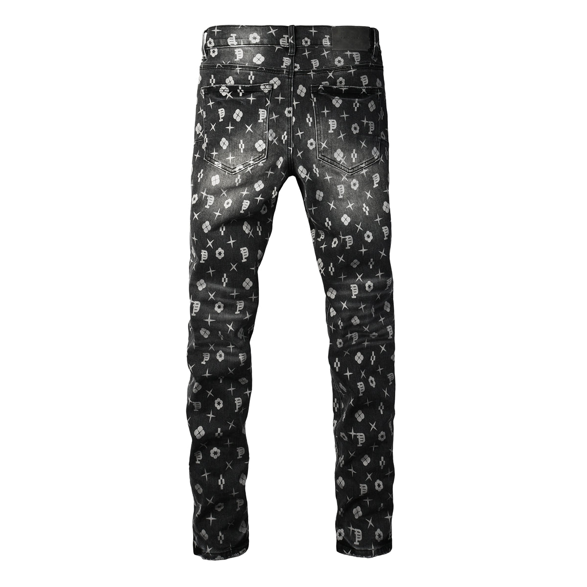 Men Classic Street Skinny Jeans Dark Grey Monogram Print All Over Distressed Style PU9112