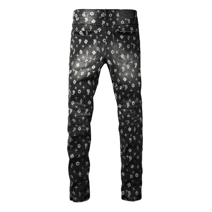 Men Classic Street Skinny Jeans Dark Grey Monogram Print All Over Distressed Style PU9112
