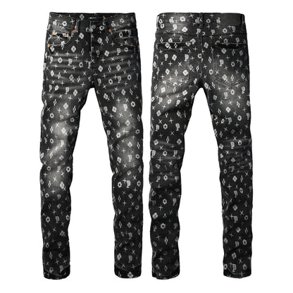 Men Classic Street Skinny Jeans Dark Grey Monogram Print All Over Distressed Style PU9112