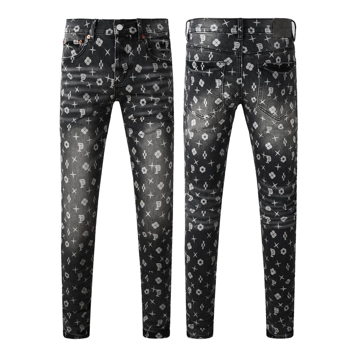 Men Classic Street Skinny Jeans Dark Grey Monogram Print All Over Distressed Style PU9112