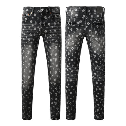 Men Classic Street Skinny Jeans Dark Grey Monogram Print All Over Distressed Style PU9112