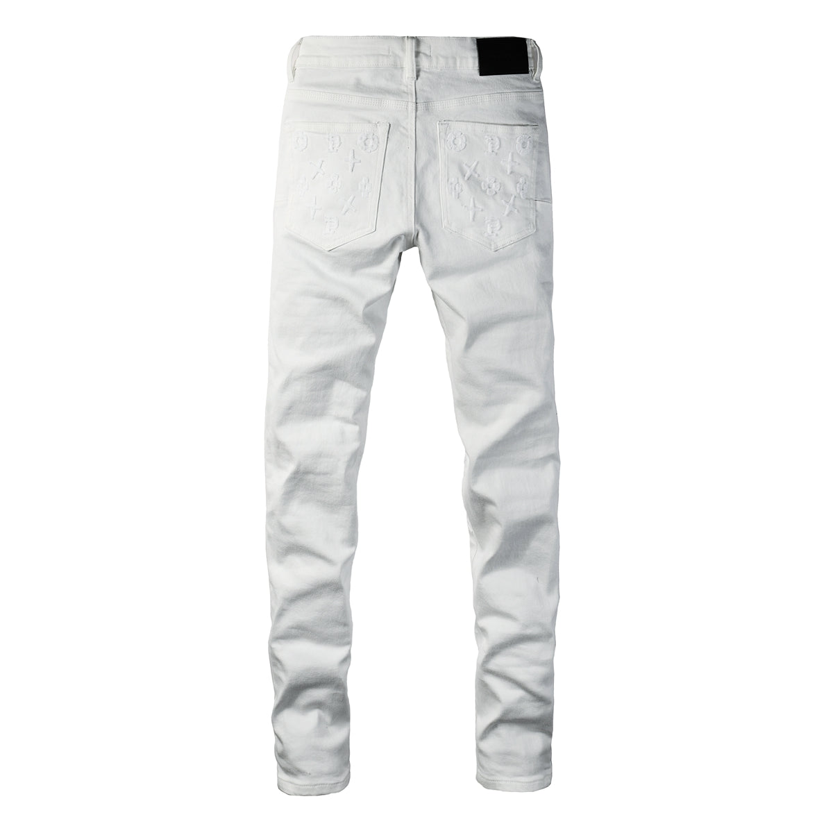 Men Designer Streetwear Skinny Jeans Solid White with 3D Embossed Monogram Pattern PU9113