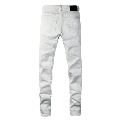 Men Designer Streetwear Skinny Jeans Solid White with 3D Embossed Monogram Pattern PU9113