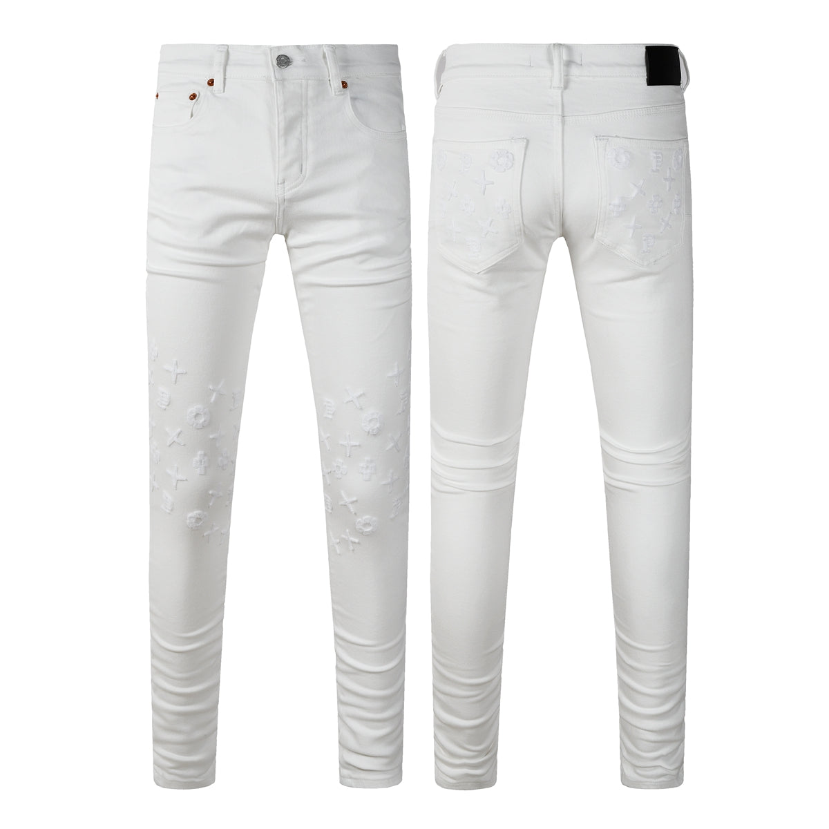 Men Designer Streetwear Skinny Jeans Solid White with 3D Embossed Monogram Pattern PU9113