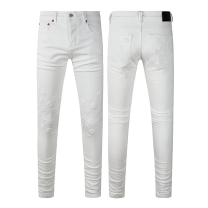 Men Designer Streetwear Skinny Jeans Solid White with 3D Embossed Monogram Pattern PU9113