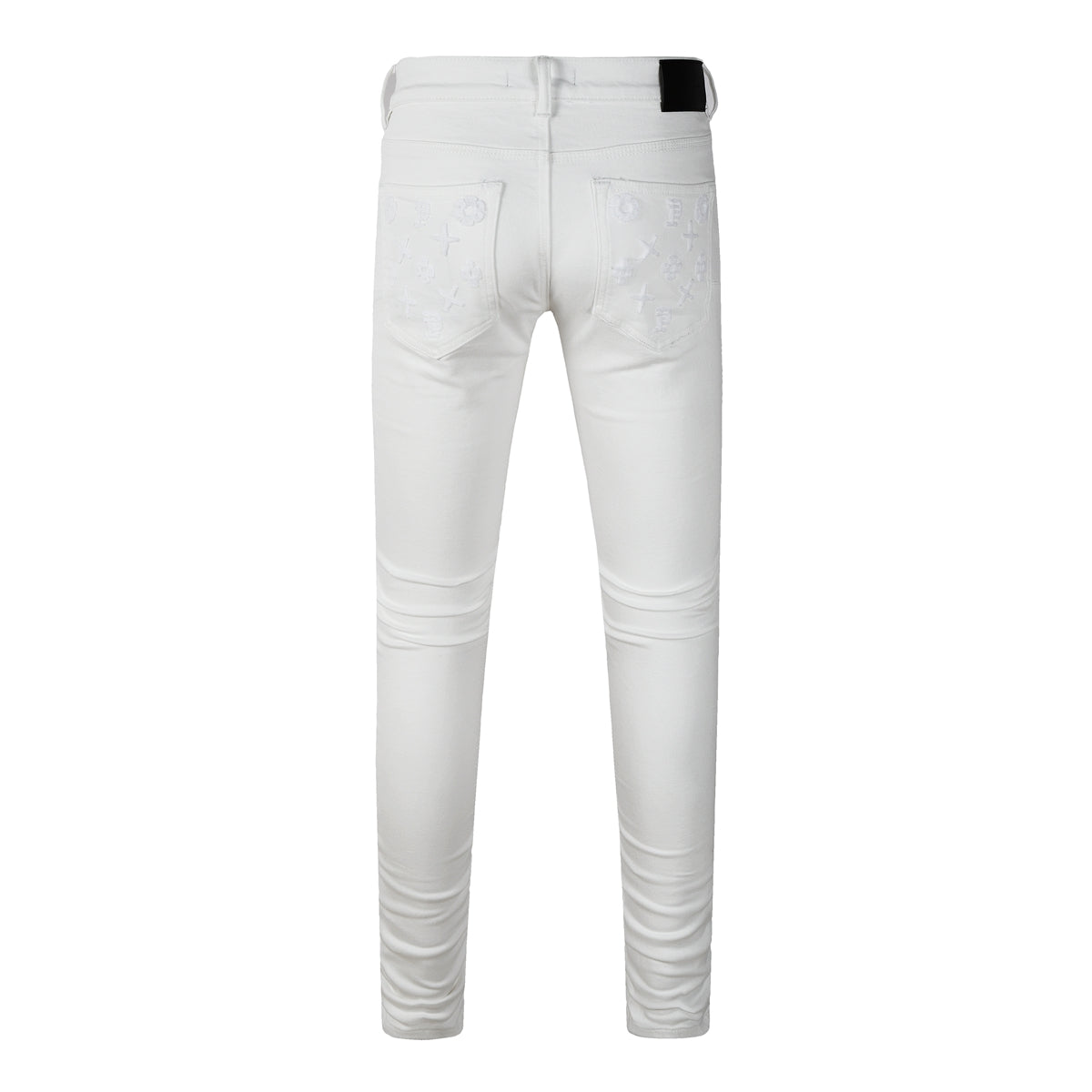 Men Designer Streetwear Skinny Jeans Solid White with 3D Embossed Monogram Pattern PU9113