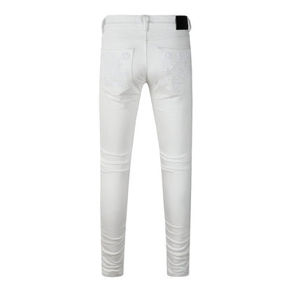 Men Designer Streetwear Skinny Jeans Solid White with 3D Embossed Monogram Pattern PU9113