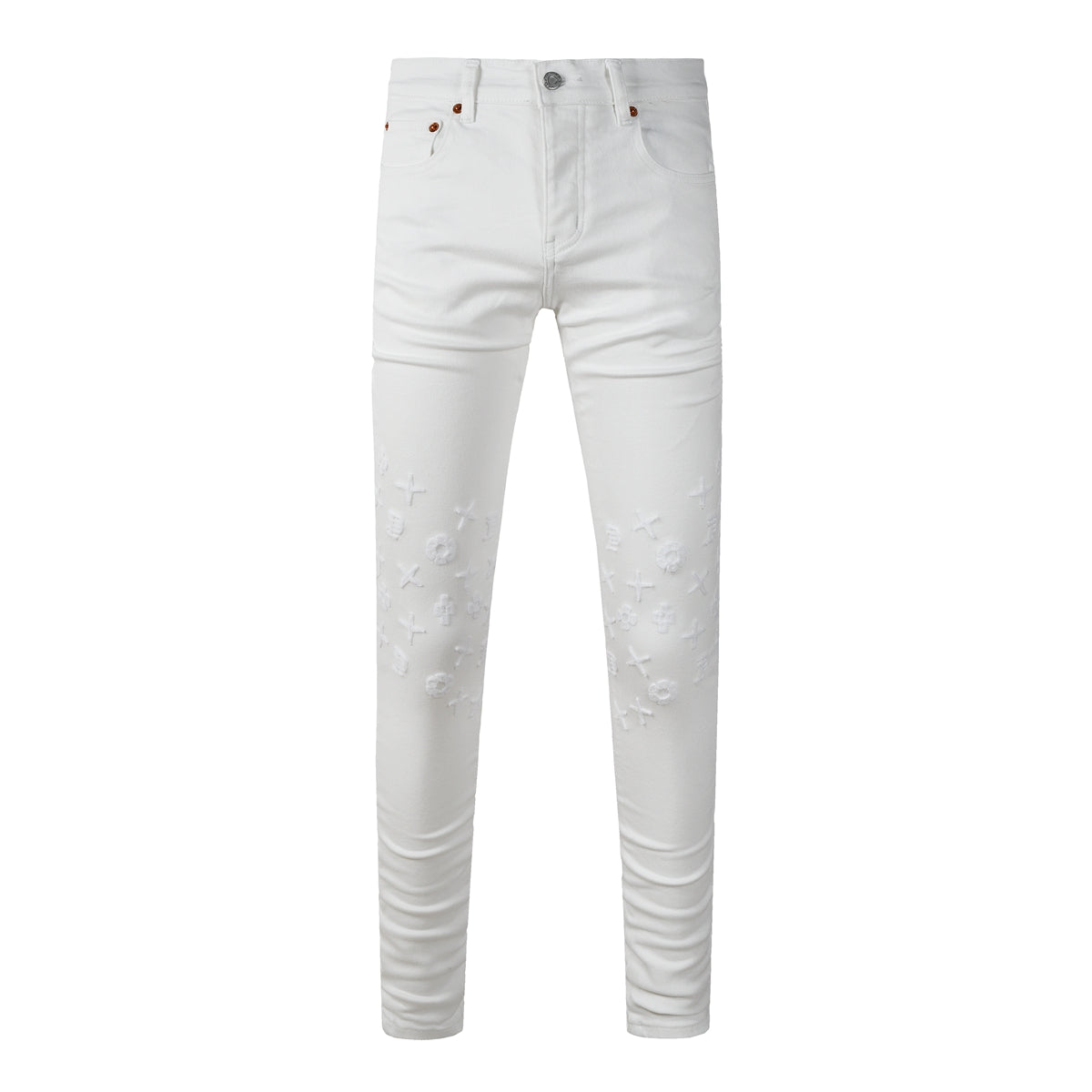 Men Designer Streetwear Skinny Jeans Solid White with 3D Embossed Monogram Pattern PU9113