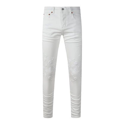 Men Designer Streetwear Skinny Jeans Solid White with 3D Embossed Monogram Pattern PU9113