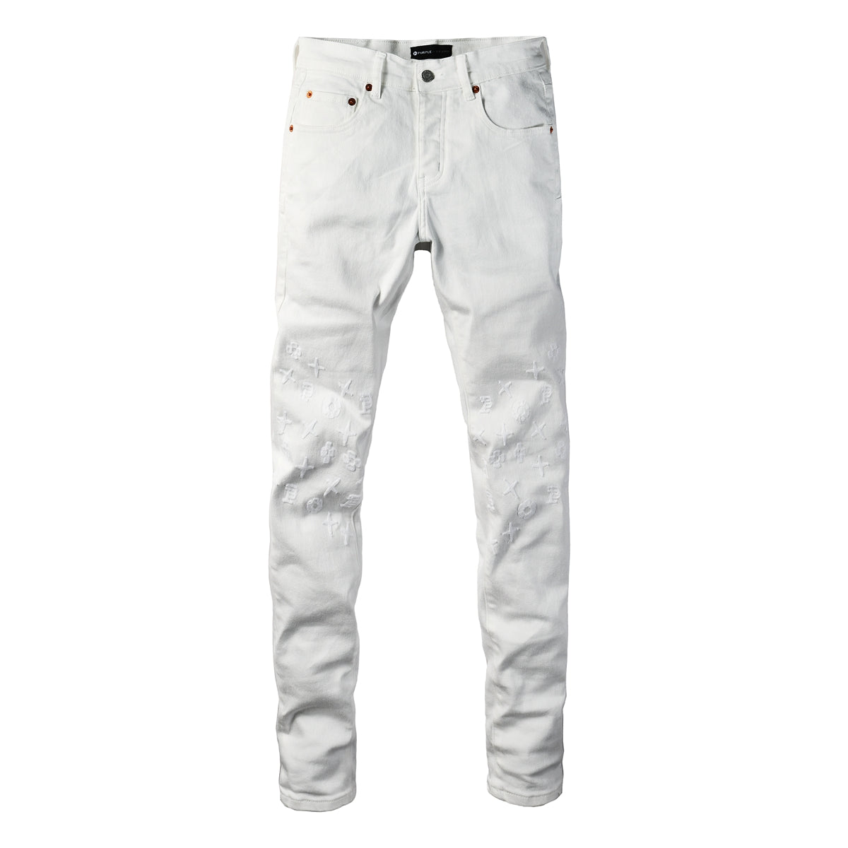 Men Designer Streetwear Skinny Jeans Solid White with 3D Embossed Monogram Pattern PU9113