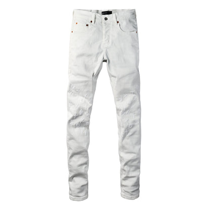 Men Designer Streetwear Skinny Jeans Solid White with 3D Embossed Monogram Pattern PU9113