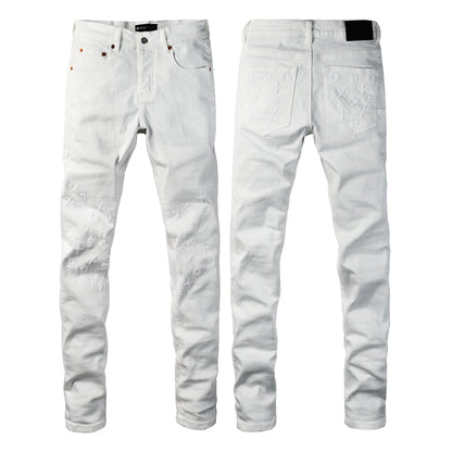 Men Designer Streetwear Skinny Jeans Solid White with 3D Embossed Monogram Pattern PU9113