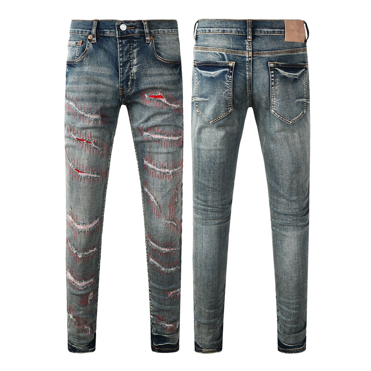 Men’s Dark Blue Slim Fit Jeans with Heavy Distressed Red Patchwork Details for Edgy Streetwear Style 9114