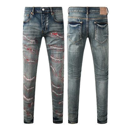 Men’s Dark Blue Slim Fit Jeans with Heavy Distressed Red Patchwork Details for Edgy Streetwear Style 9114