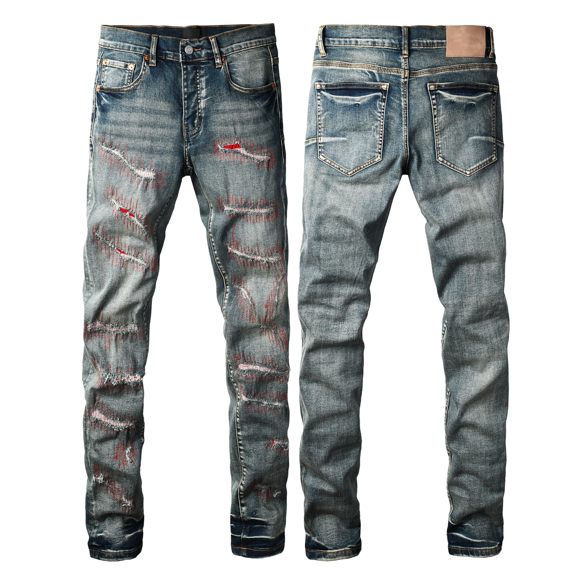 Men’s Dark Blue Slim Fit Jeans with Heavy Distressed Red Patchwork Details for Edgy Streetwear Style 9114