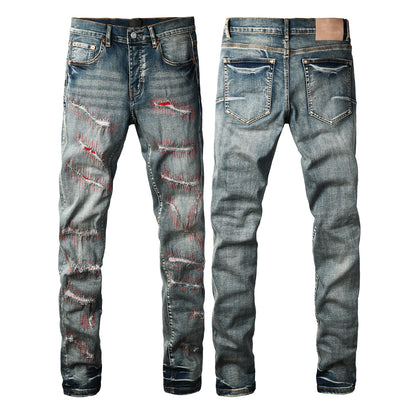 Men’s Dark Blue Slim Fit Jeans with Heavy Distressed Red Patchwork Details for Edgy Streetwear Style 9114