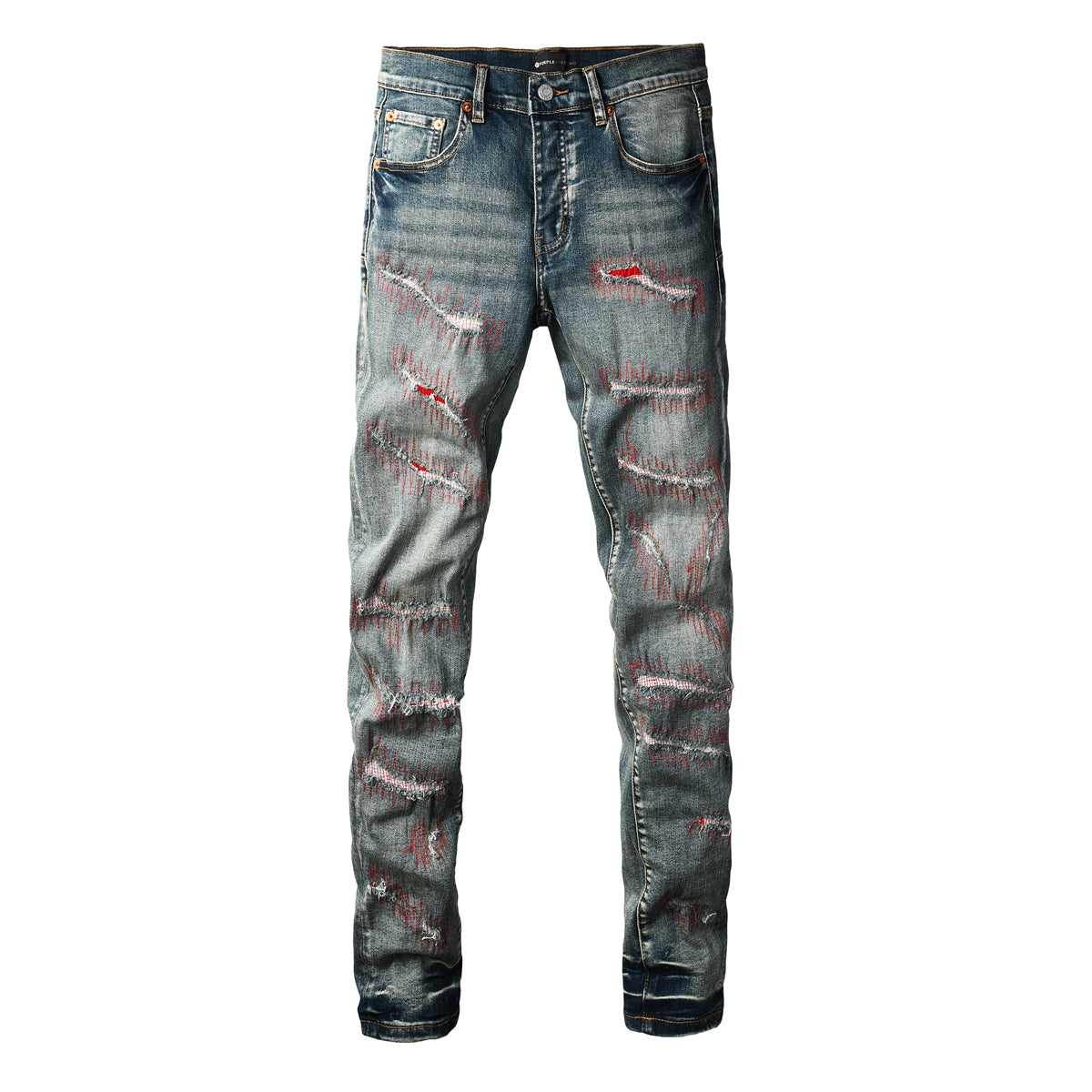 Men’s Dark Blue Slim Fit Jeans with Heavy Distressed Red Patchwork Details for Edgy Streetwear Style 9114
