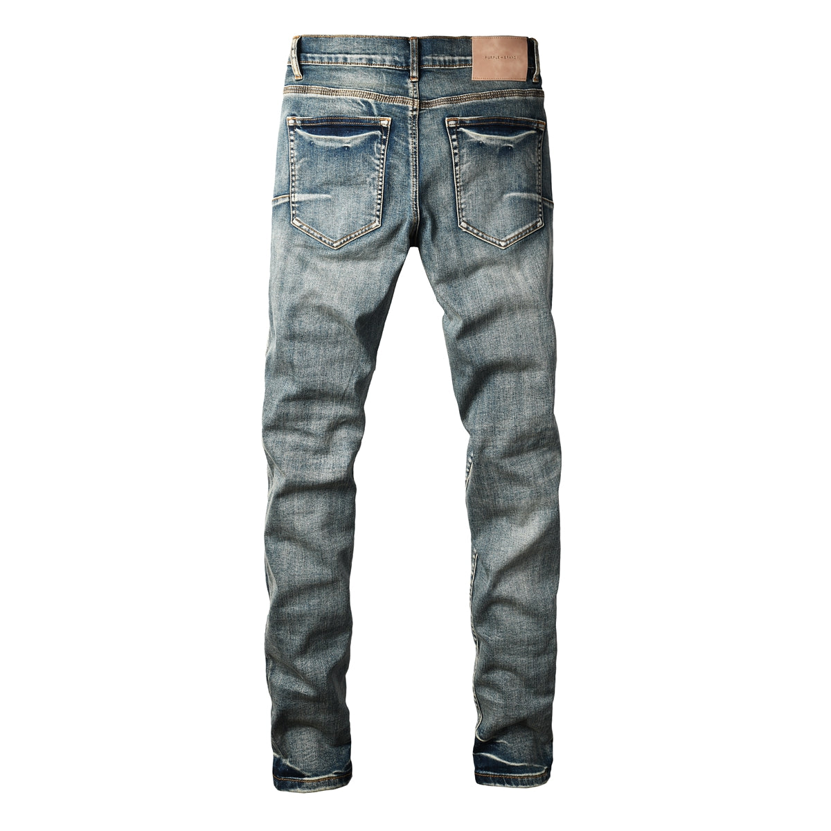 Men’s Dark Blue Slim Fit Jeans with Heavy Distressed Red Patchwork Details for Edgy Streetwear Style 9114