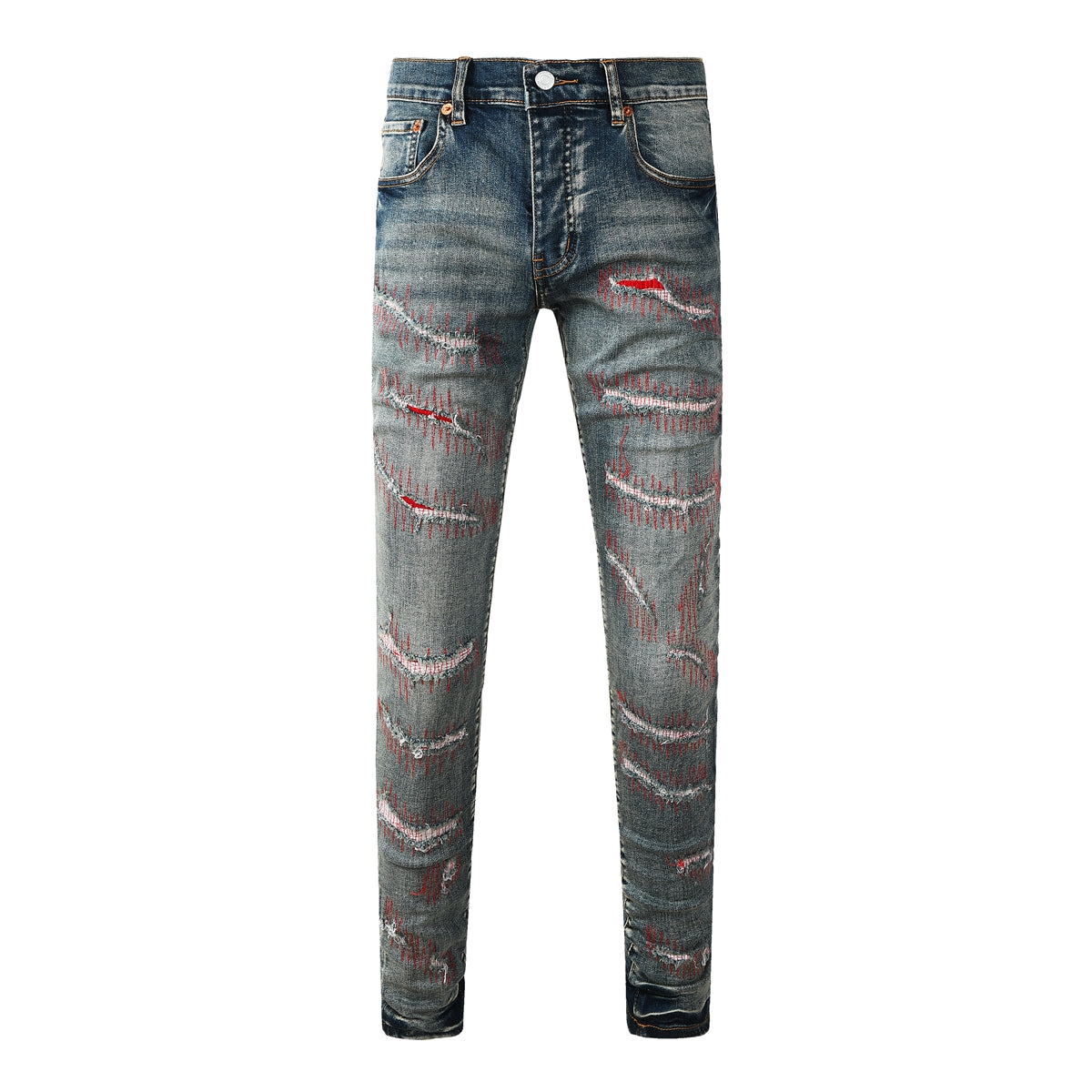 Men’s Dark Blue Slim Fit Jeans with Heavy Distressed Red Patchwork Details for Edgy Streetwear Style 9114