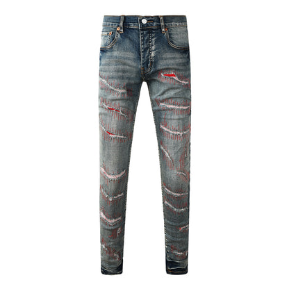 Men’s Dark Blue Slim Fit Jeans with Heavy Distressed Red Patchwork Details for Edgy Streetwear Style 9114