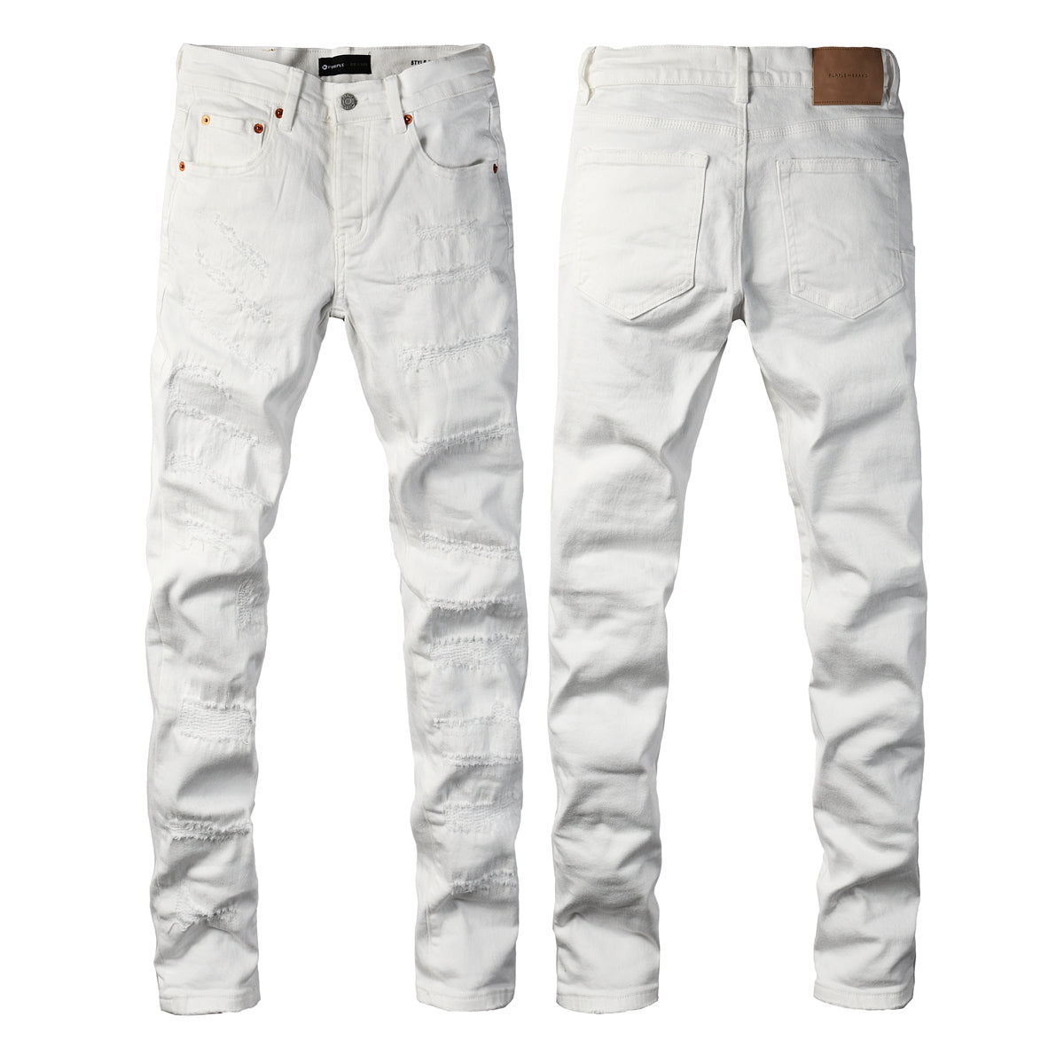 Men Classic Streetwear Skinny Jeans Solid White with Subtle Distressed Details PU9118