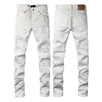 Men Classic Streetwear Skinny Jeans Solid White with Subtle Distressed Details PU9118