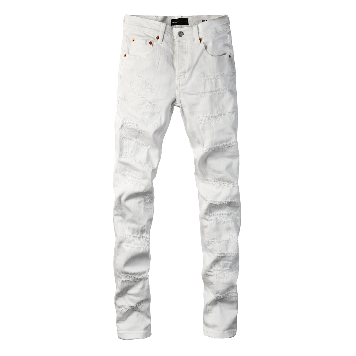 Men Classic Streetwear Skinny Jeans Solid White with Subtle Distressed Details PU9118