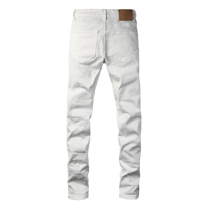 Men Classic Streetwear Skinny Jeans Solid White with Subtle Distressed Details PU9118