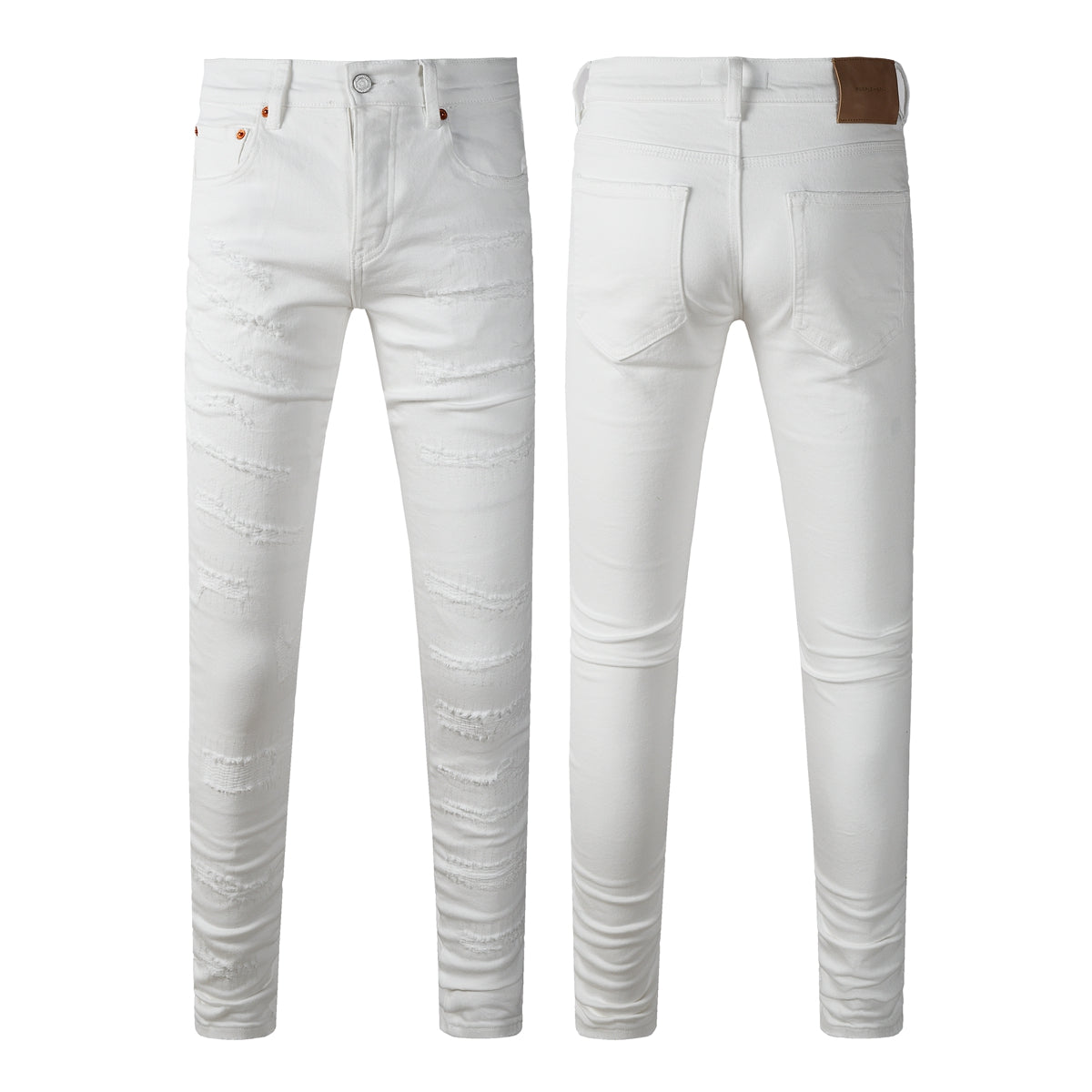 Men Classic Streetwear Skinny Jeans Solid White with Subtle Distressed Details PU9118