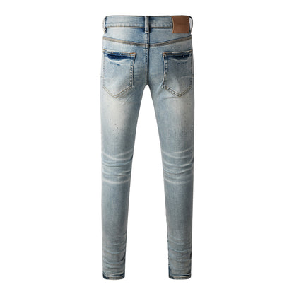 Men Streetwear Skinny Jeans Light Blue with Rhinestone Studs and Distressed Details PU9119