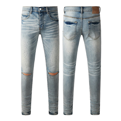 Men Streetwear Skinny Jeans Light Blue with Rhinestone Studs and Distressed Details PU9119