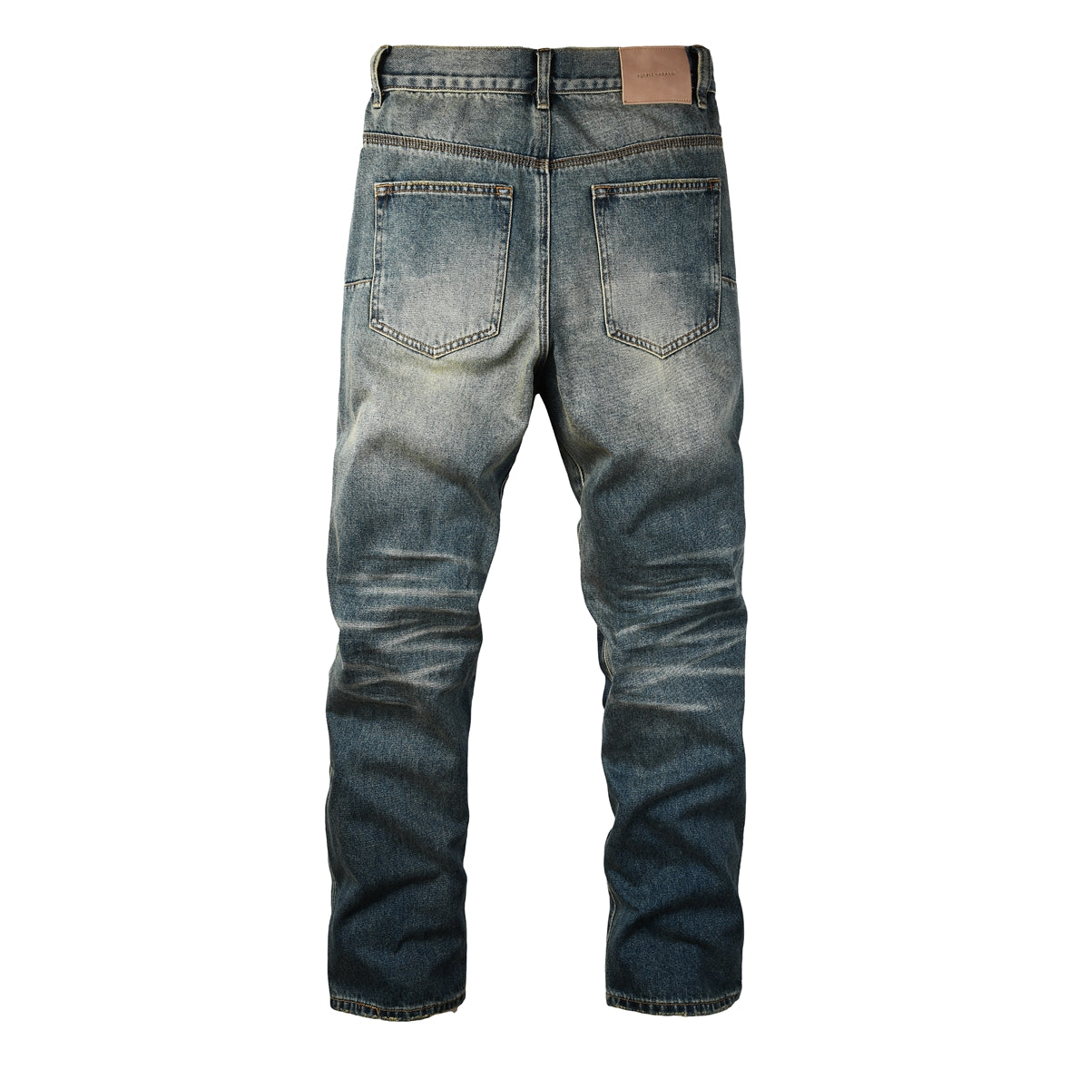 Men Vintage Streetwear Straight Jeans Blue Washed with Whisker Fade and Contrast Panels PU9120