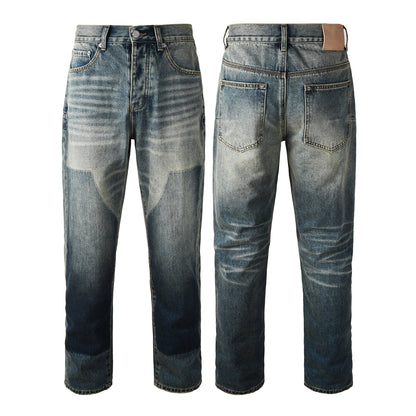 Men Vintage Streetwear Straight Jeans Blue Washed with Whisker Fade and Contrast Panels PU9120