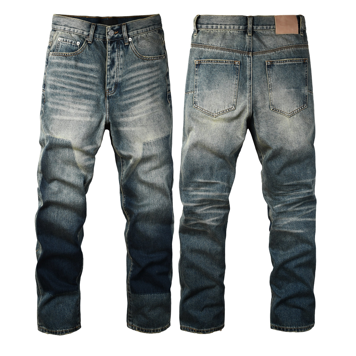 Men Vintage Streetwear Straight Jeans Blue Washed with Whisker Fade and Contrast Panels PU9120