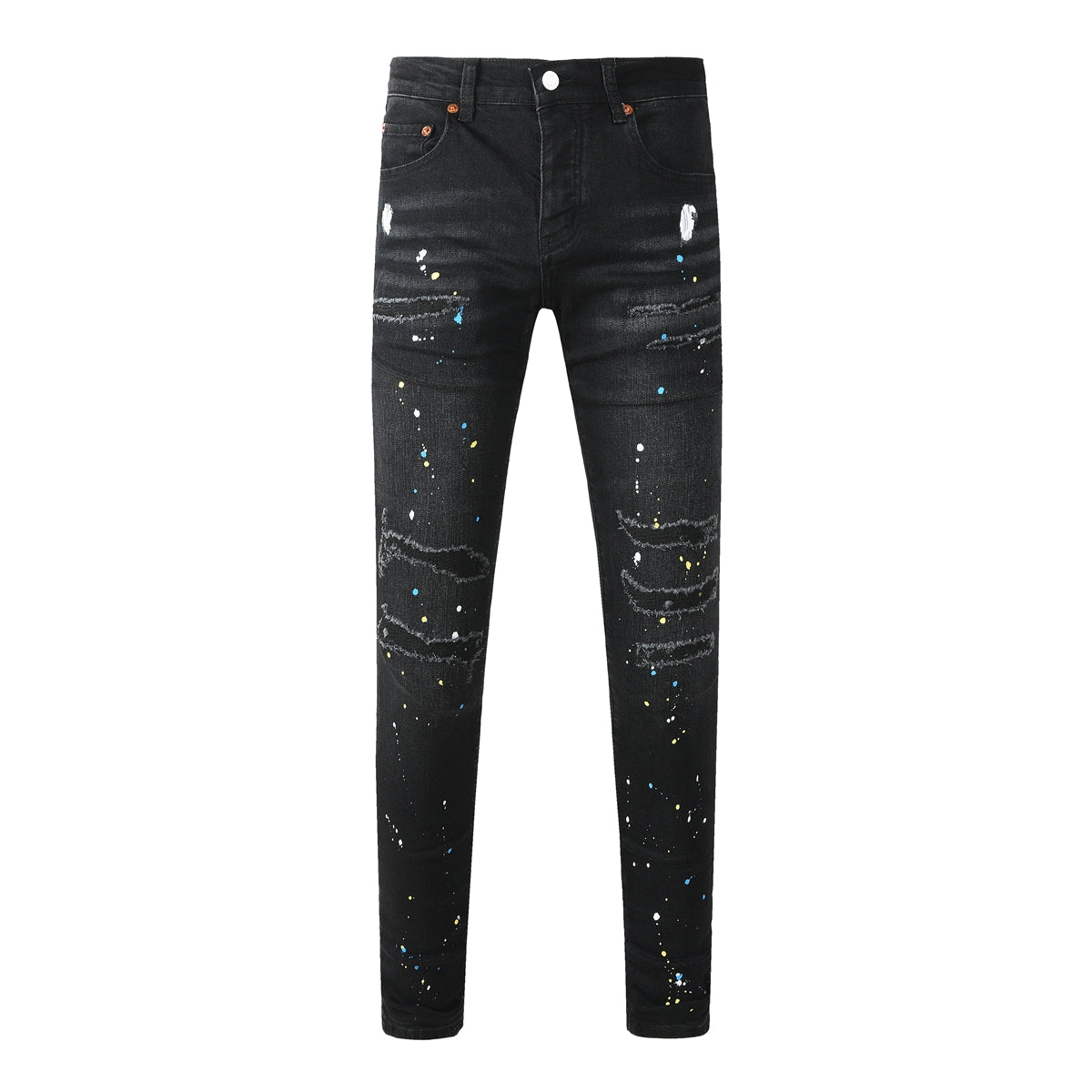 Streetwear Men’s Black Ripped Slim Jeans with Multi Color Paint Splatter Effect and Rugged Tear Details 9121