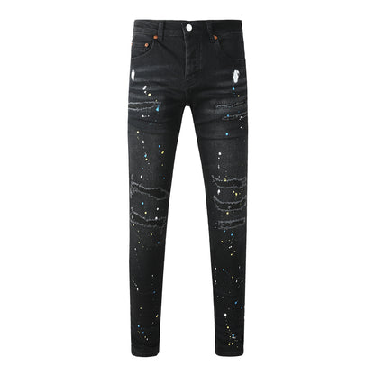 Streetwear Men’s Black Ripped Slim Jeans with Multi Color Paint Splatter Effect and Rugged Tear Details 9121