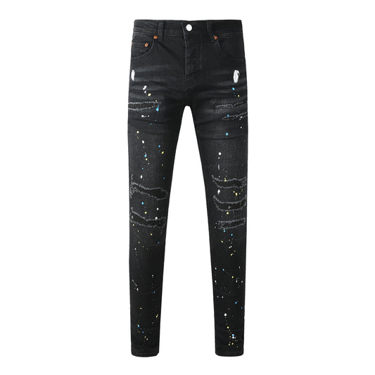 Streetwear Men’s Black Ripped Slim Jeans with Multi Color Paint Splatter Effect and Rugged Tear Details 9121
