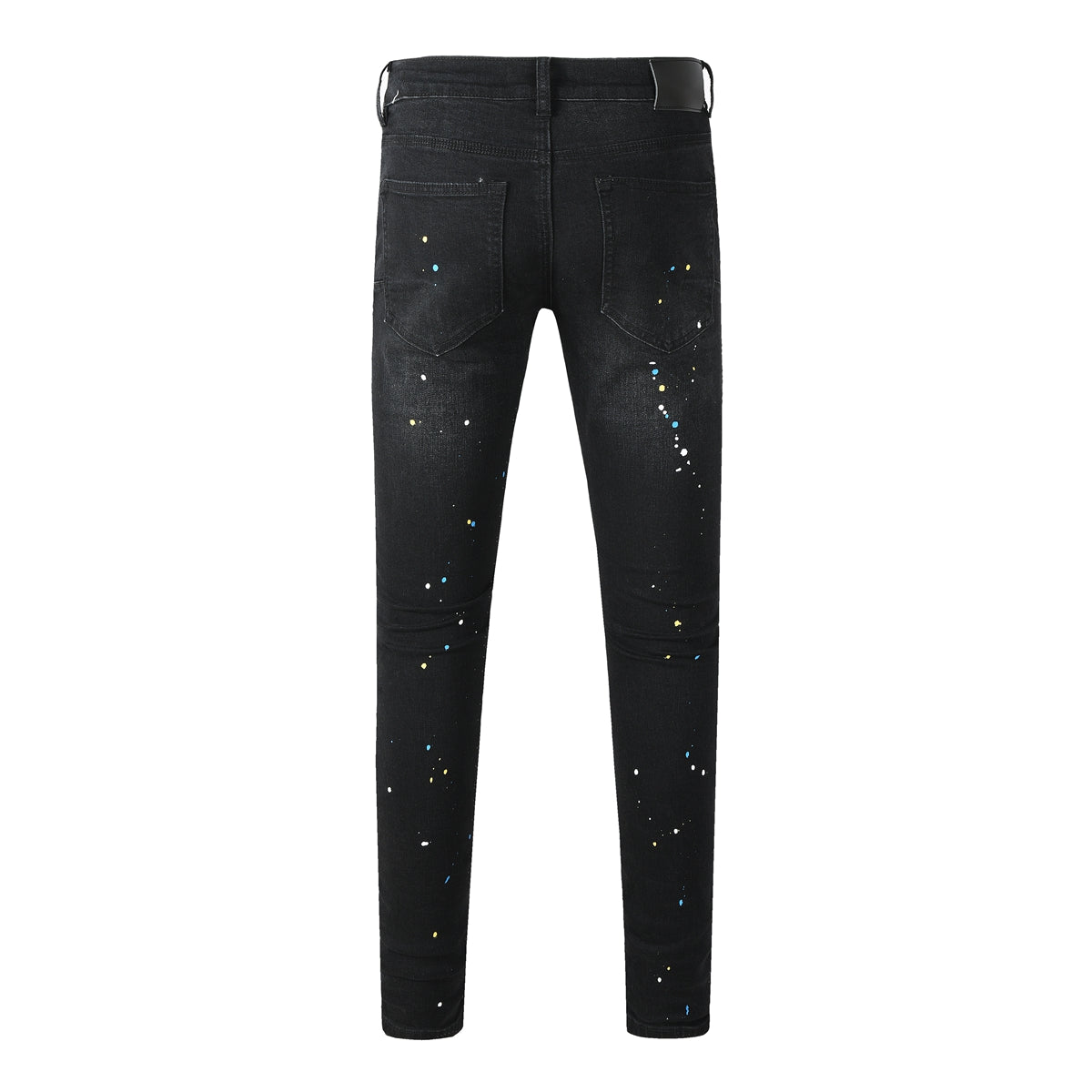 Streetwear Men’s Black Ripped Slim Jeans with Multi Color Paint Splatter Effect and Rugged Tear Details 9121